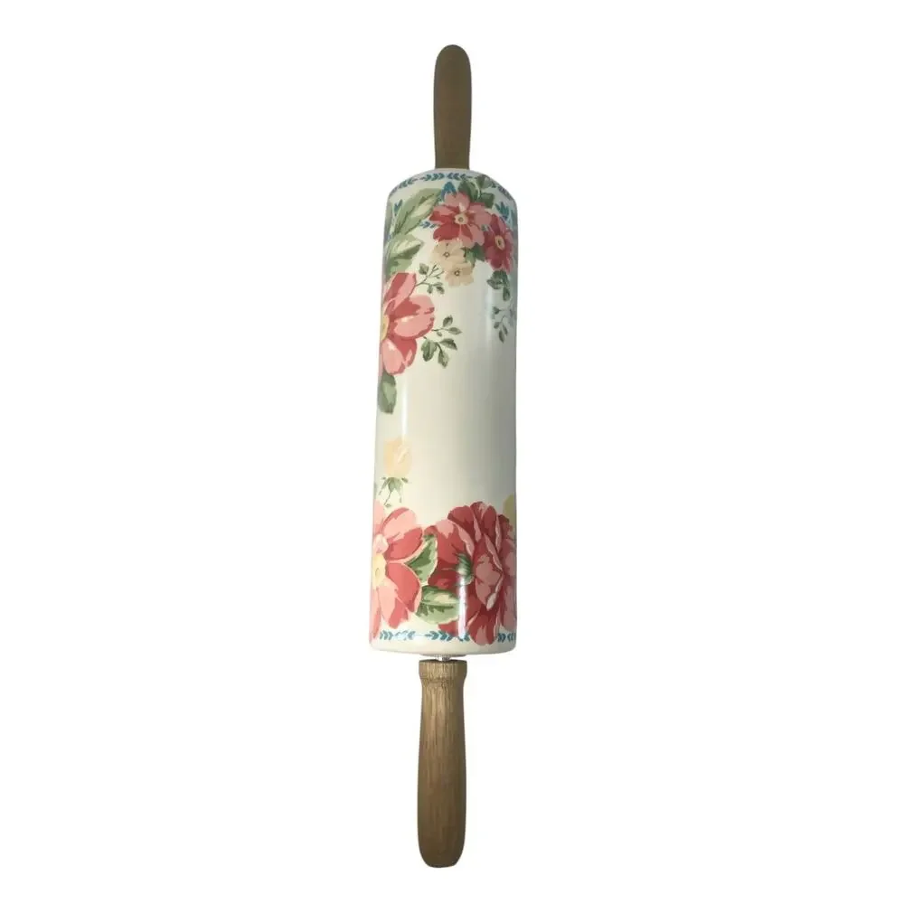 Pioneer Woman Vintage Floral Ceramic Rolling Pin Wood Handles Retired Coquette